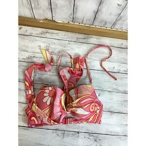 Aerie Women Blakely Bikini Top Size 34D Pink Floral Halter Tie Neck Lightweight